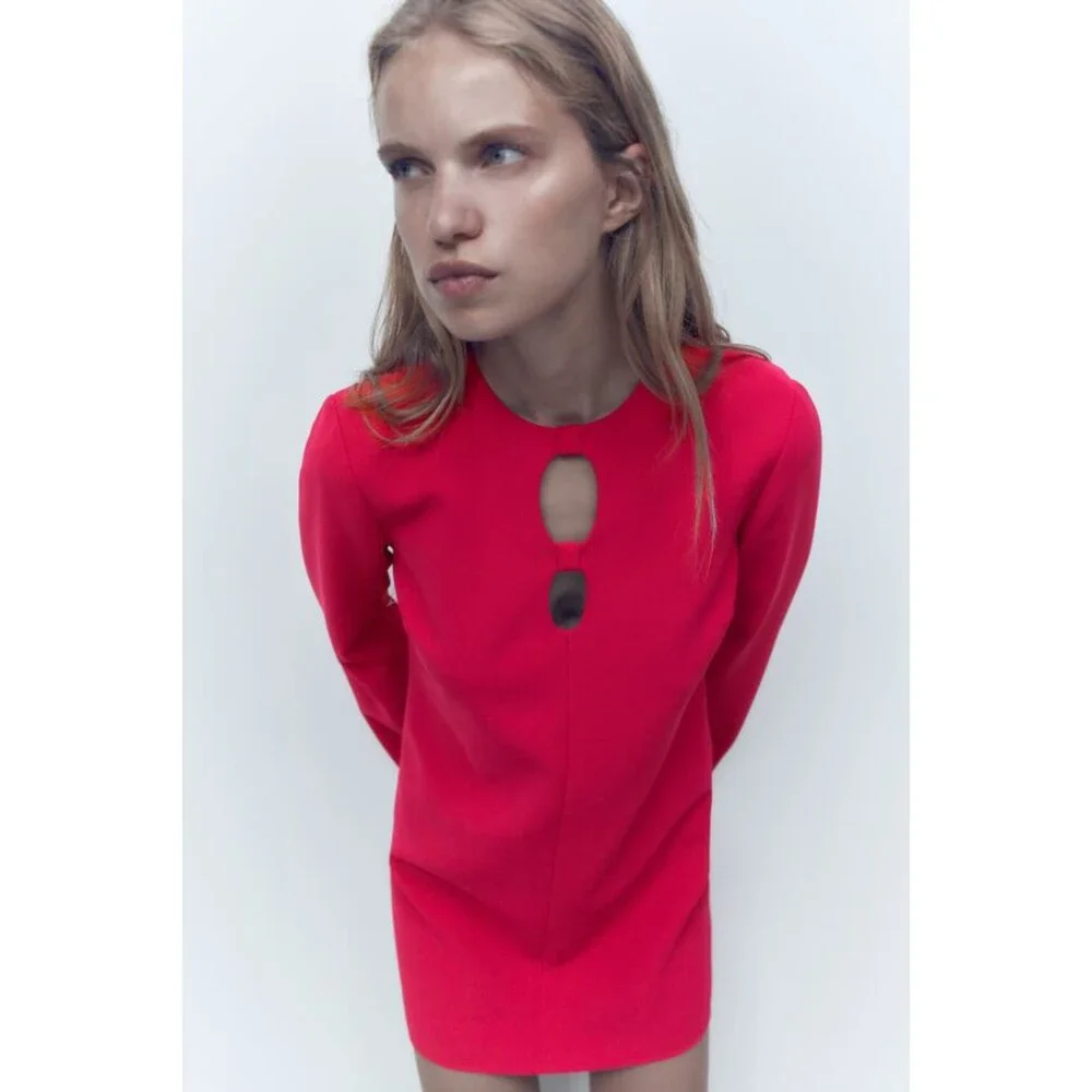 Hot Pink Zara Front Cutout Flare Sleeve Round Neck Mini Dress (NWT) - Picture 2 of 11